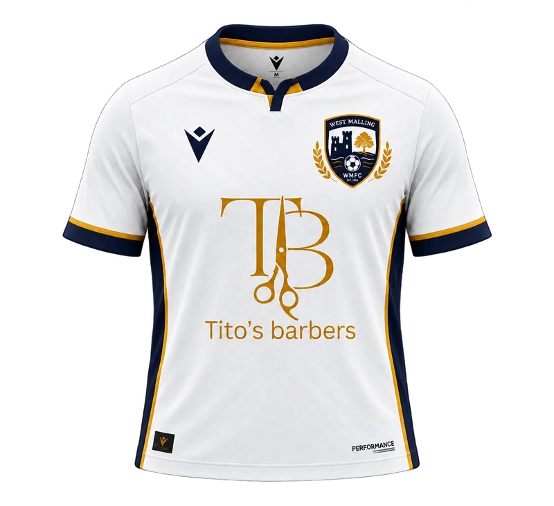 West Malling FC away shirt, front, with Tito's Barber crest