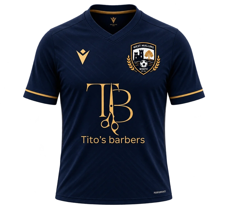 West Malling FC home shirt, front, with Tito's Barber crest