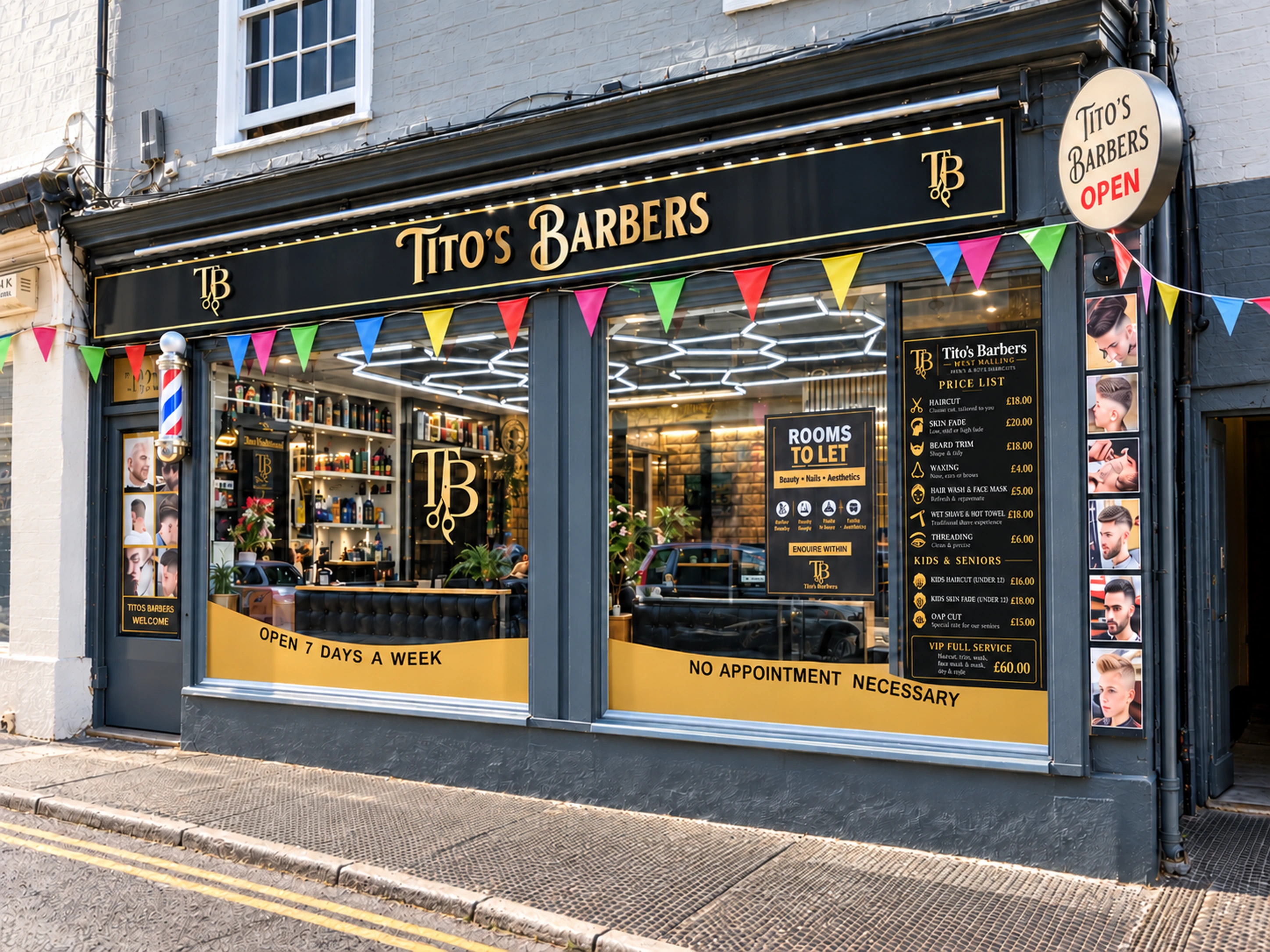 Tito's Barber storefront on Swan Street with an updated price board and TB logos